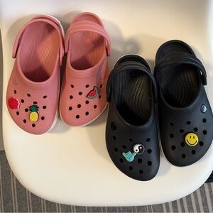 CROCS (two pairs included) Pink and Black Off Court with Jibbitz Charms
